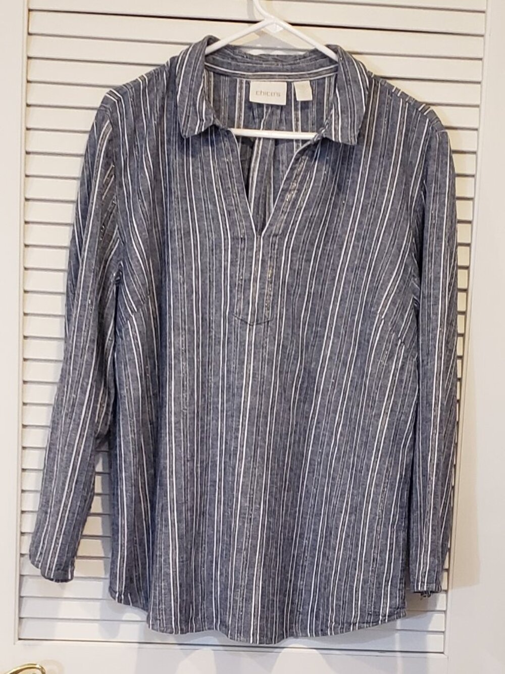 Chico's Women's Biue/White striped linen blend long sleeve tunic top Size 4/XXL